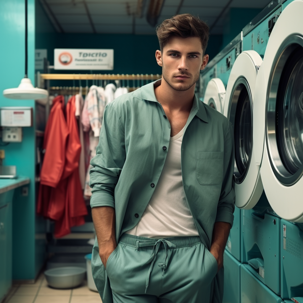 Male model standing behind washing machine in laundromat