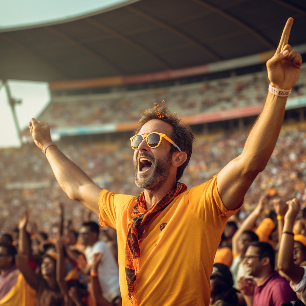 Excited male model cheers with cricket stadium crowd