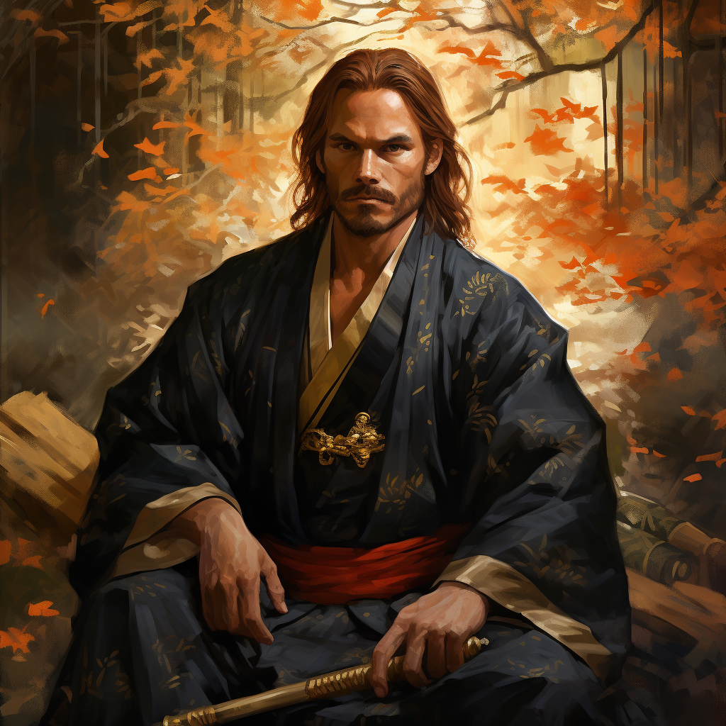 Senior Male Samurai Courtier with Auburn Hair and Golden Kimono