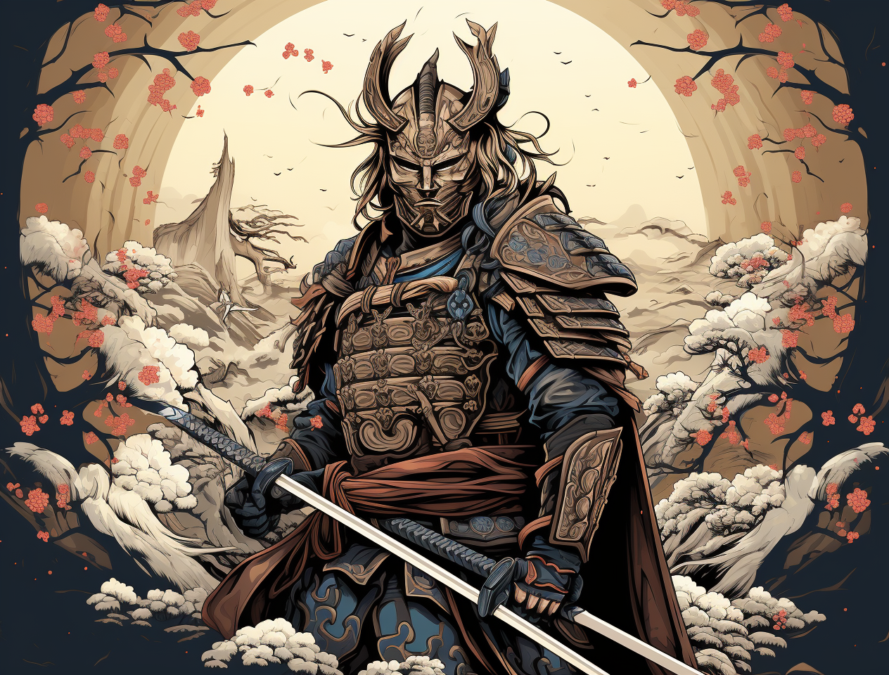 Detailed male samurai in tattoo-style art