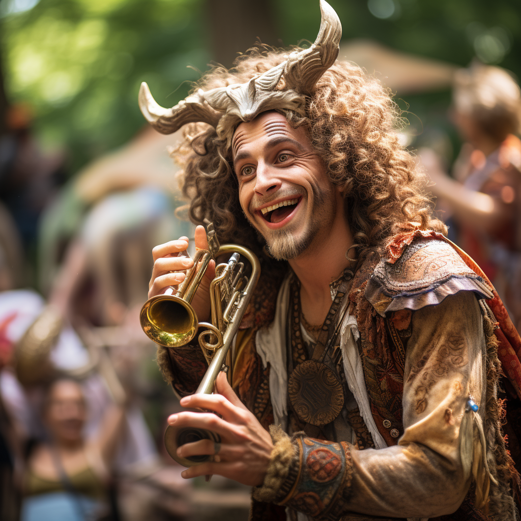 Male Satyr Playing French Horn Outdoors