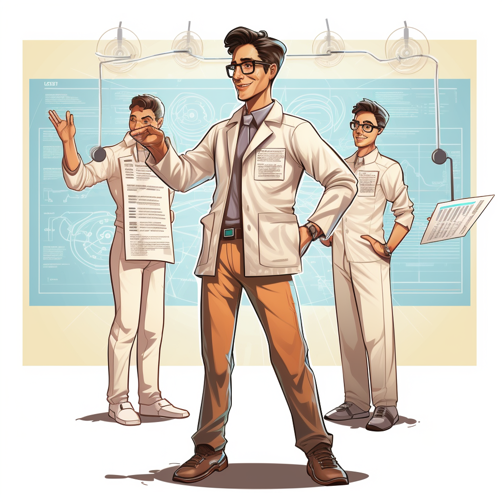 Friendly male scientist explaining in pamphlet style