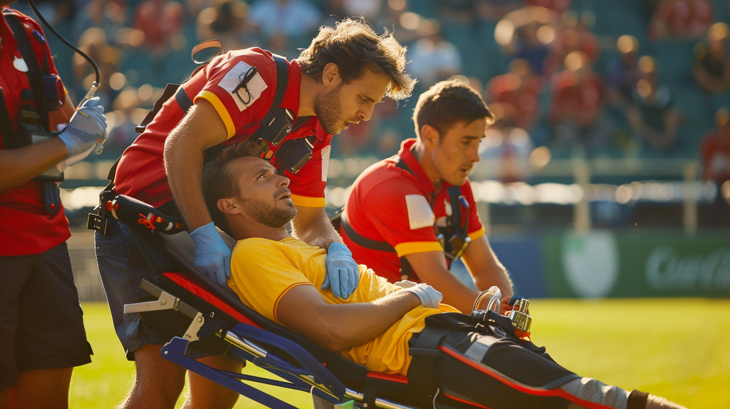 Male soccer player assisted by medics