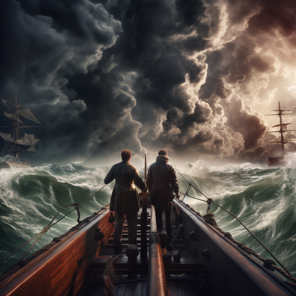 Two male startup founders navigating stormy weather