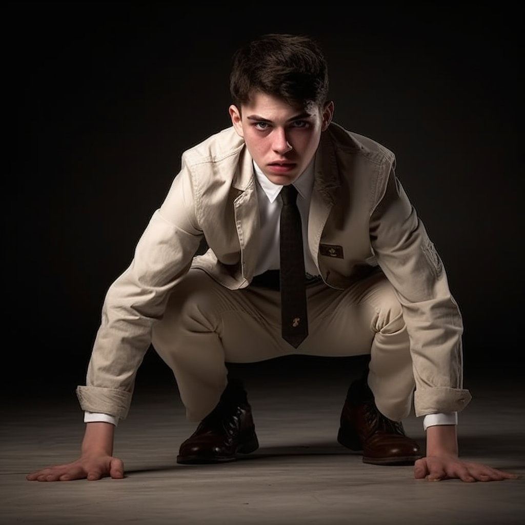 Male student walking on all fours like a wild dog