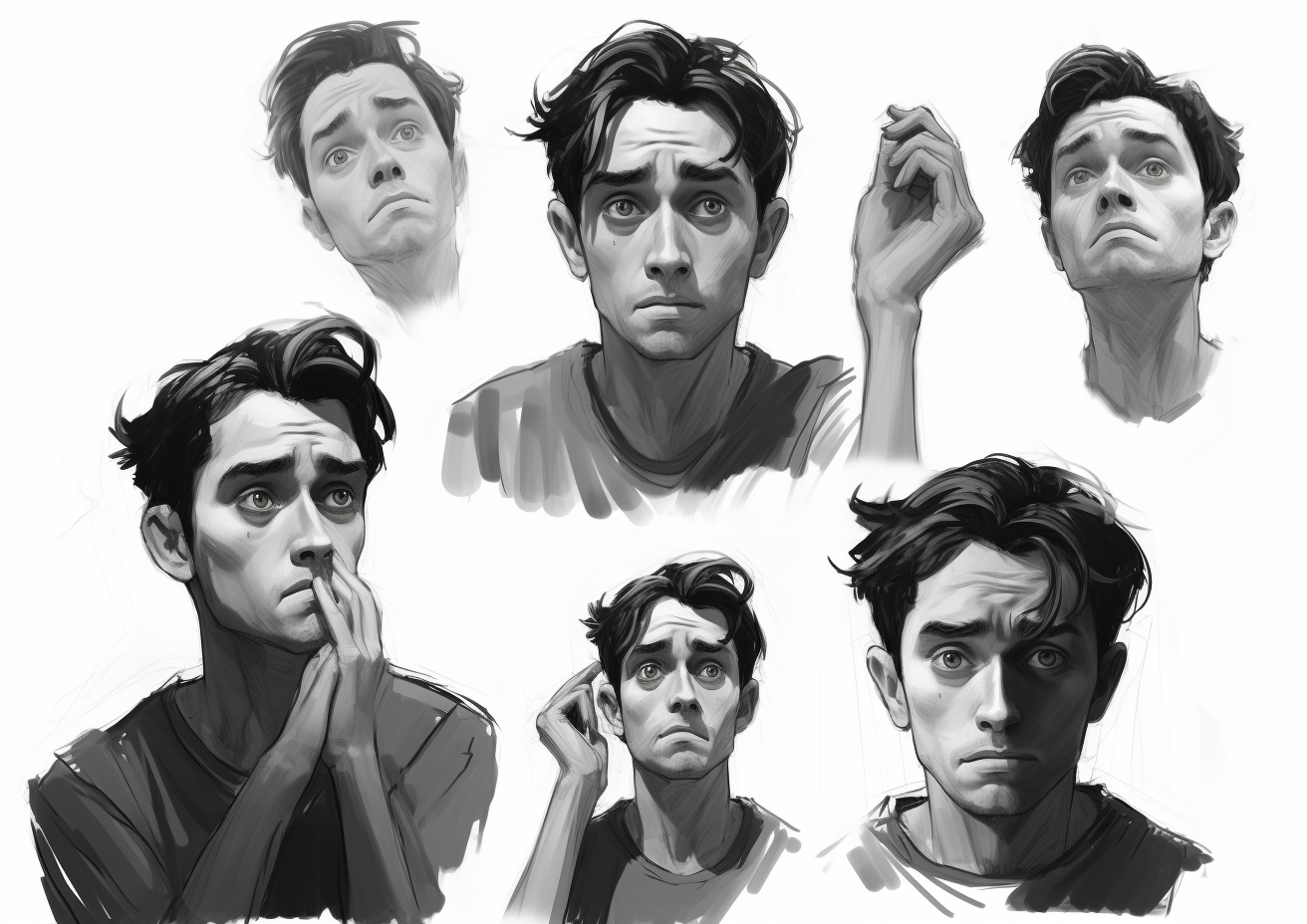 Sketches of male subtle sad anxious expressions