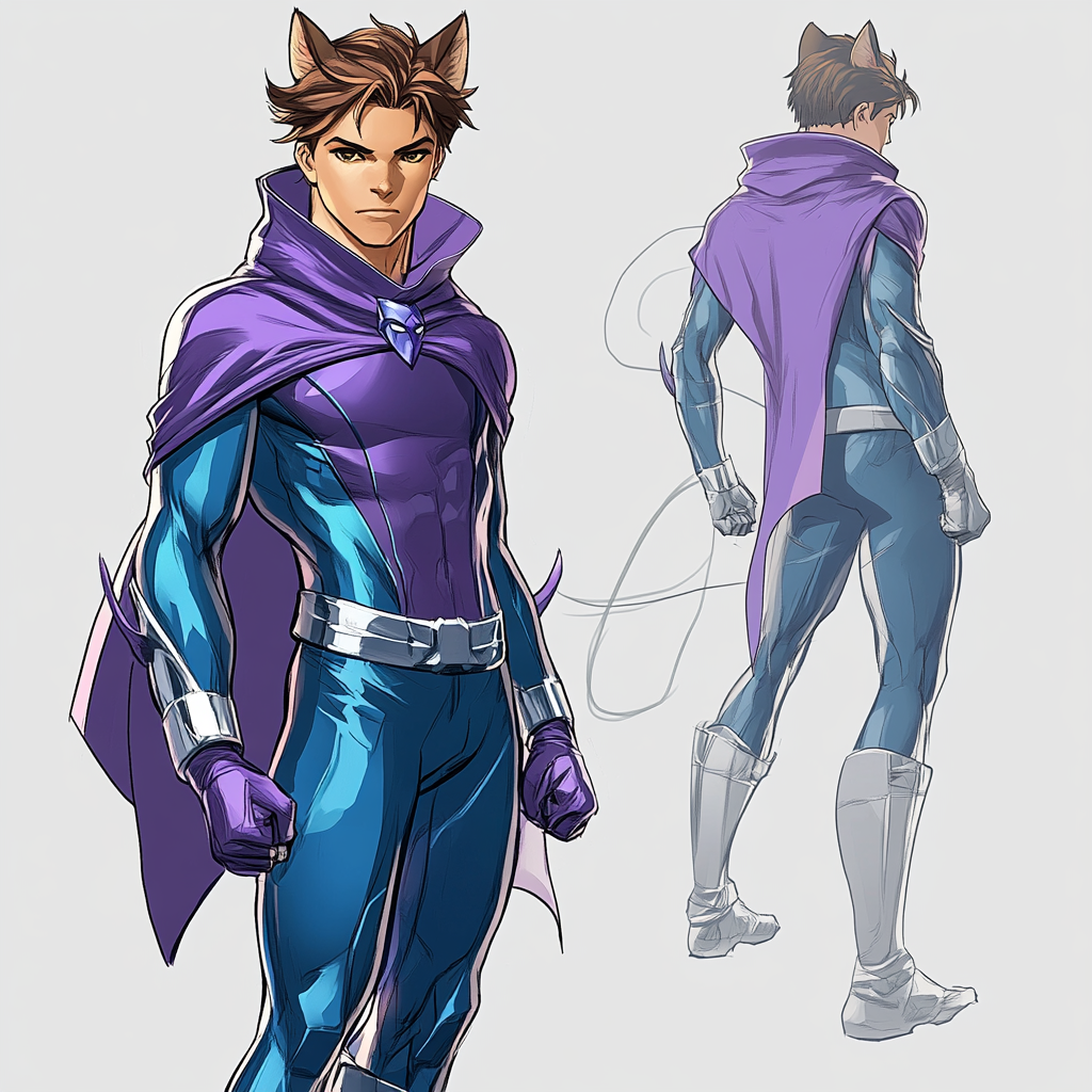 Charismatic male superhero in purple and blue suit