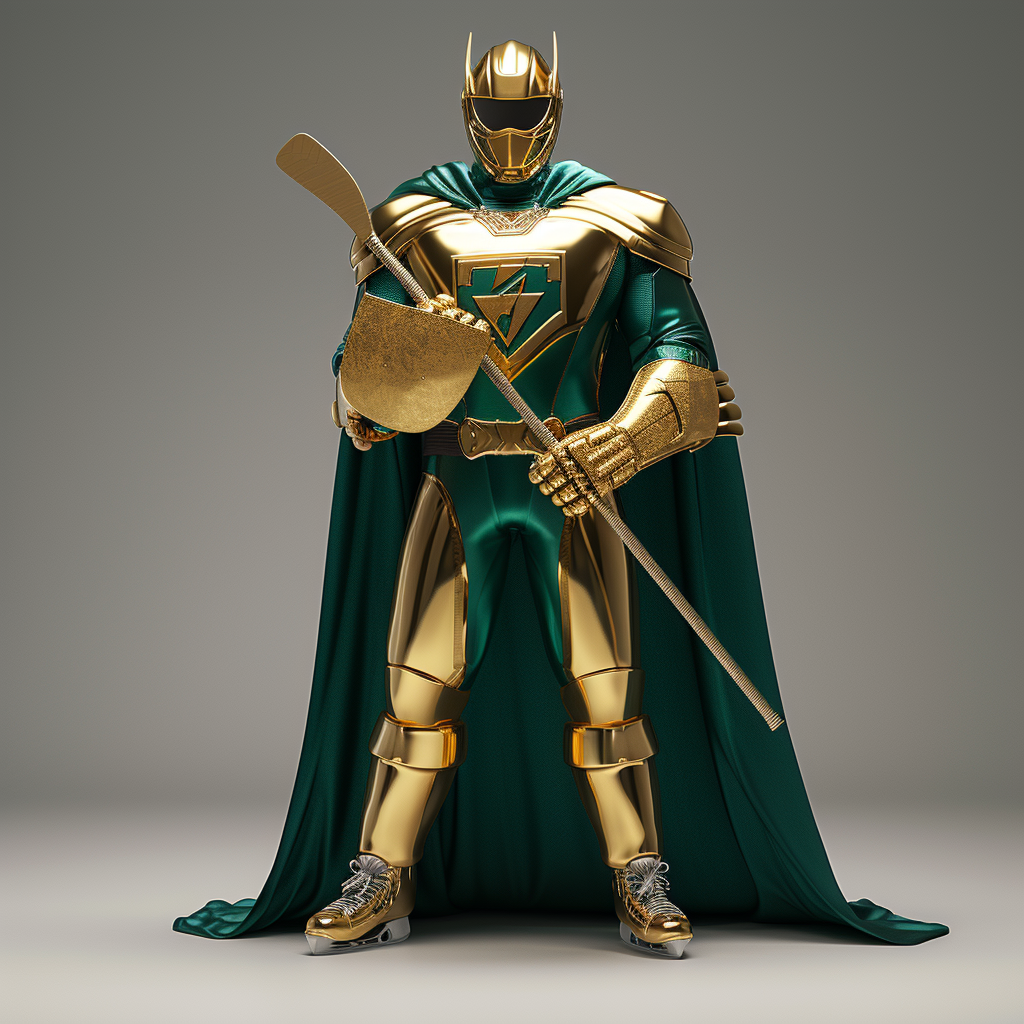 Male superhero in green costume and gold knight helmet