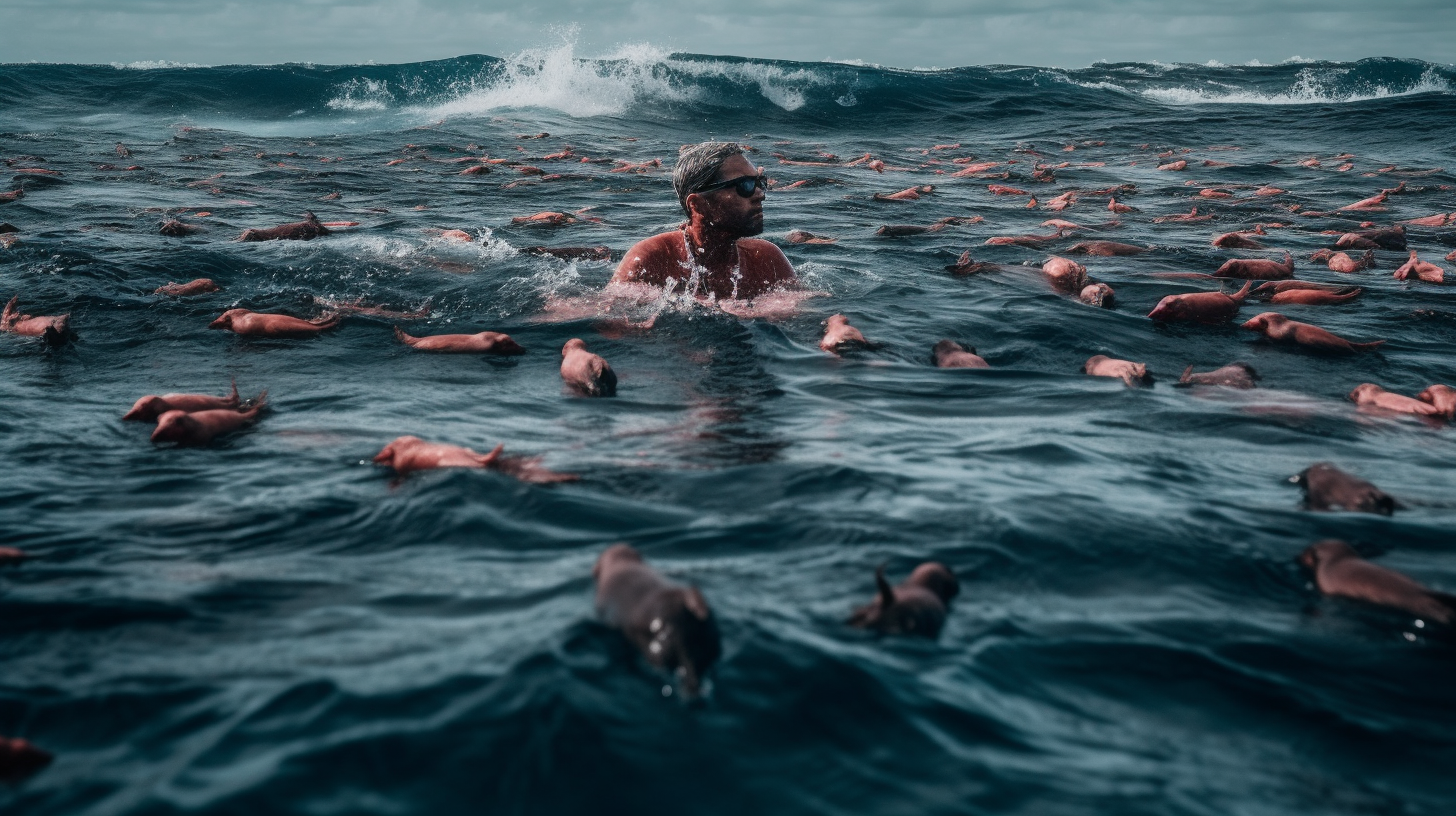 A male swimming in an ocean of red pig meat