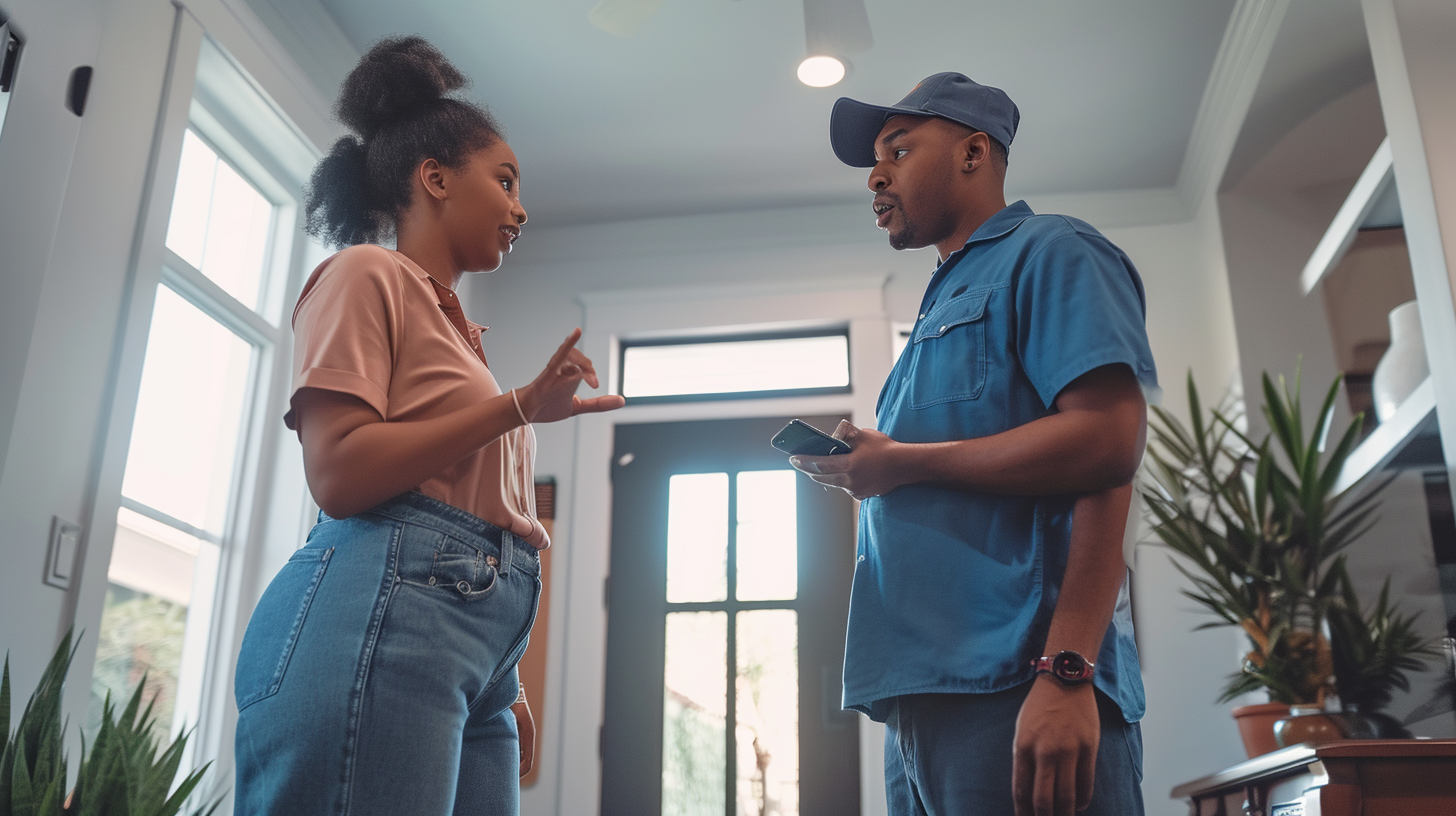 Male technician pointing to customer's phone