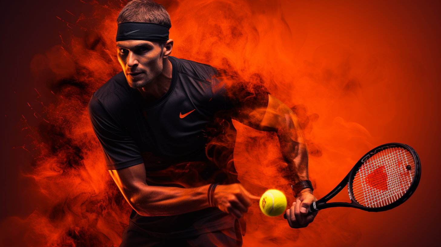 Tennis player in black outfit on fiery background