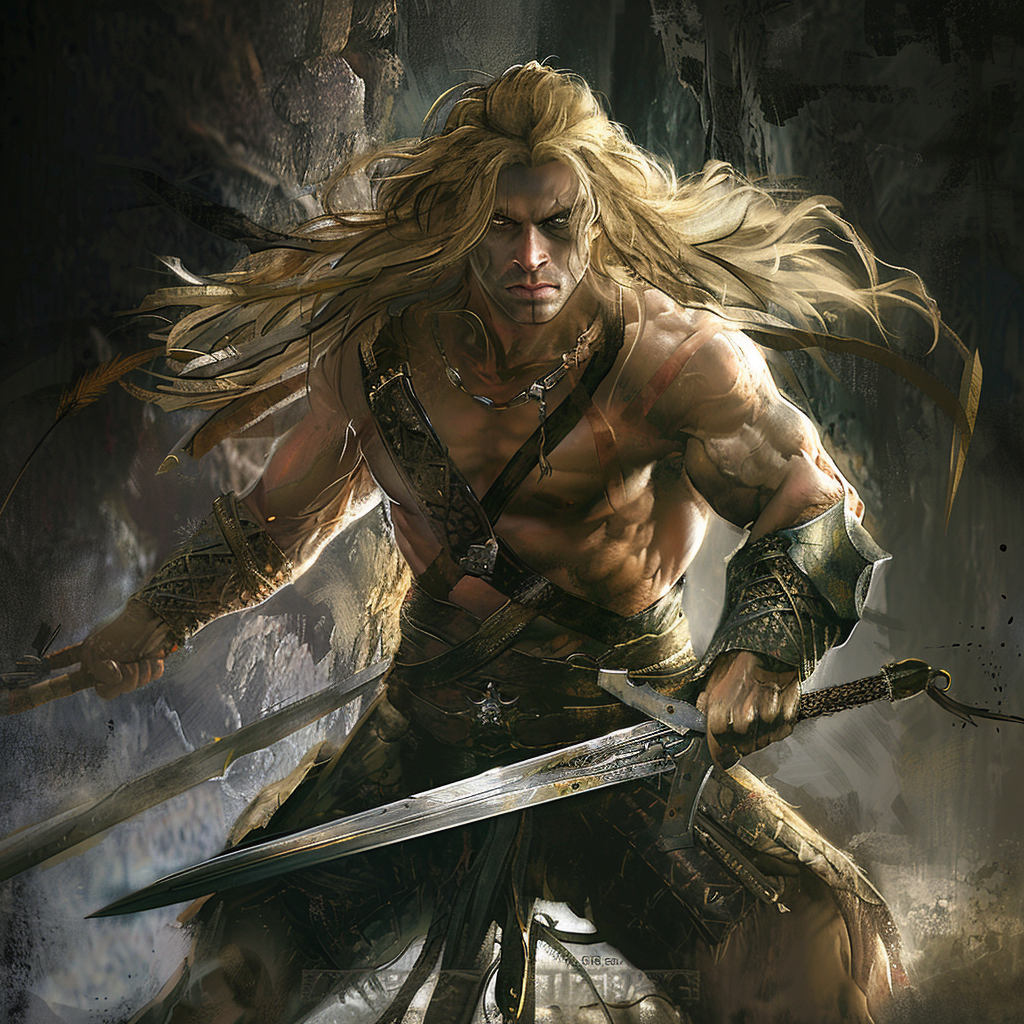 male warrior wielding swords digital art