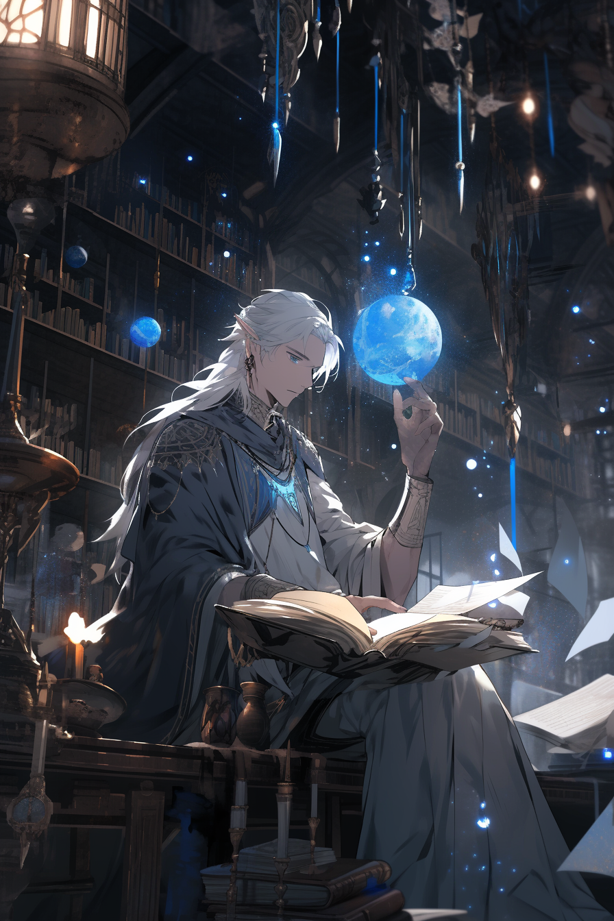 Male wizard researching and scribing spells