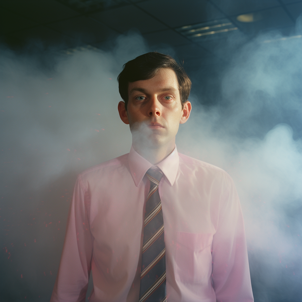 Male office worker evaporating into psychedelic mist