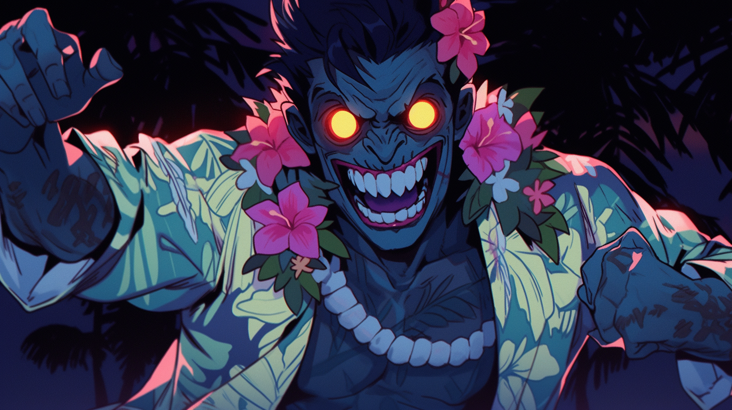 Male zombie from Hawaii with evil grin