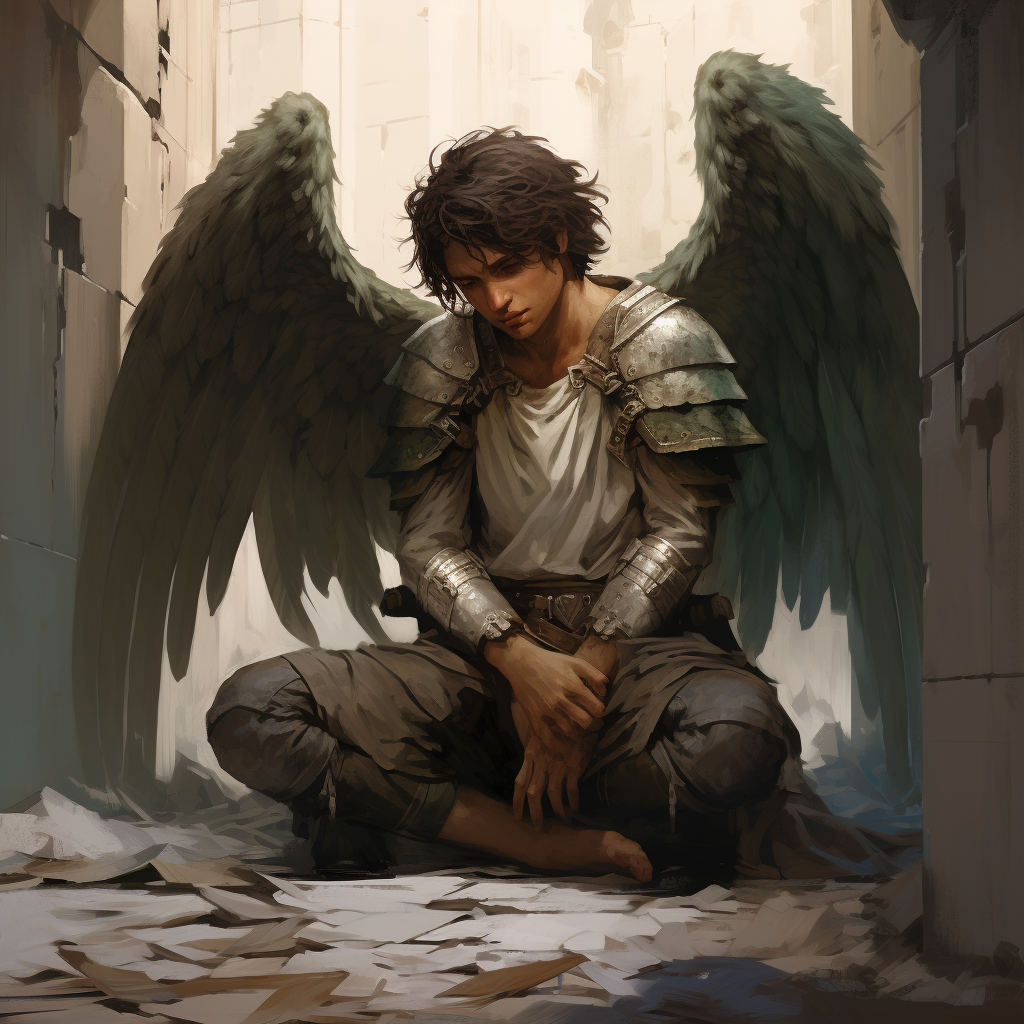 Male angel crouching in epic DND artwork