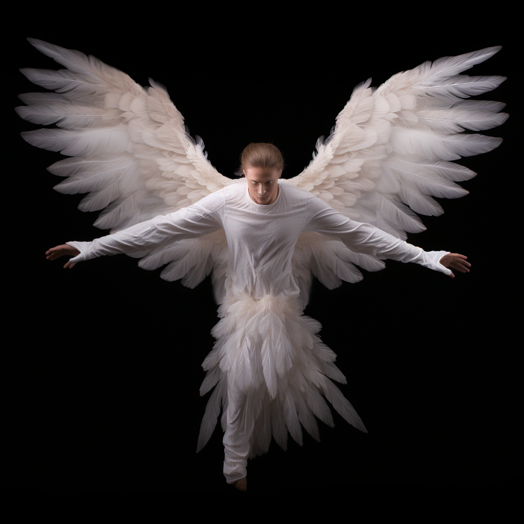 Male angel with spread wings hovering on black background