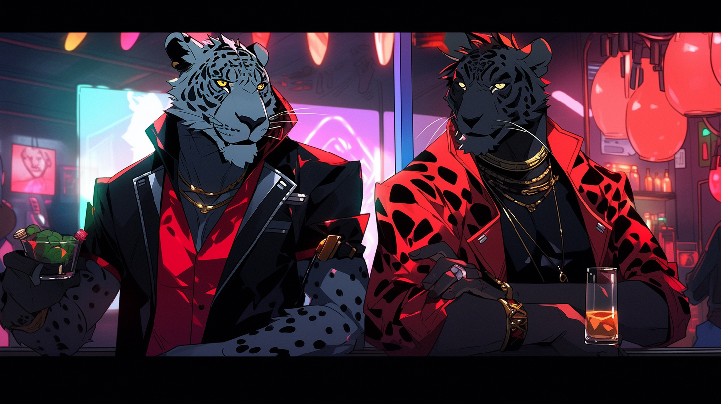 Two fashionable male anthropomorphic animals at nightclub