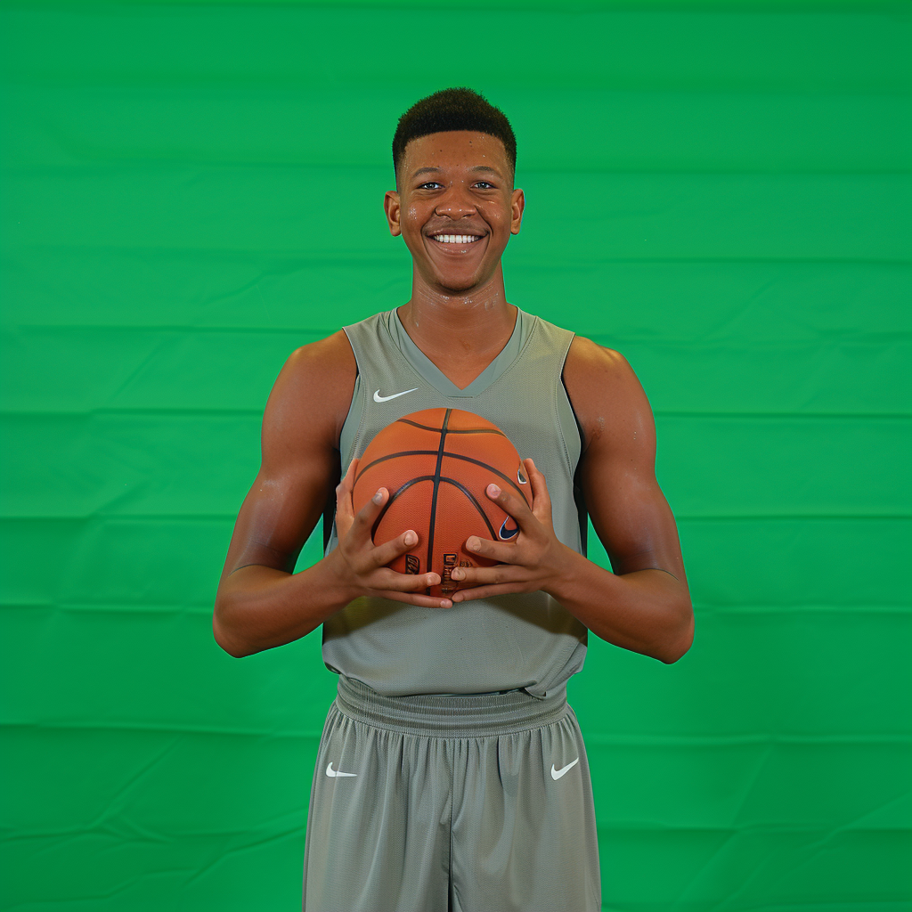 College basketball player posing with basketball