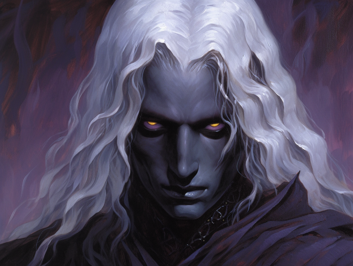 Striking oil painting of male dark drow