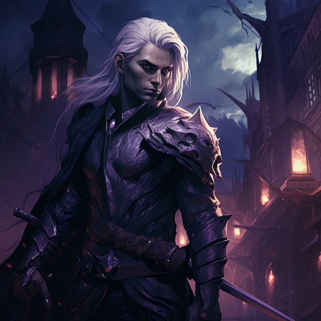 Male Drow Elf in Gothic City at Night .