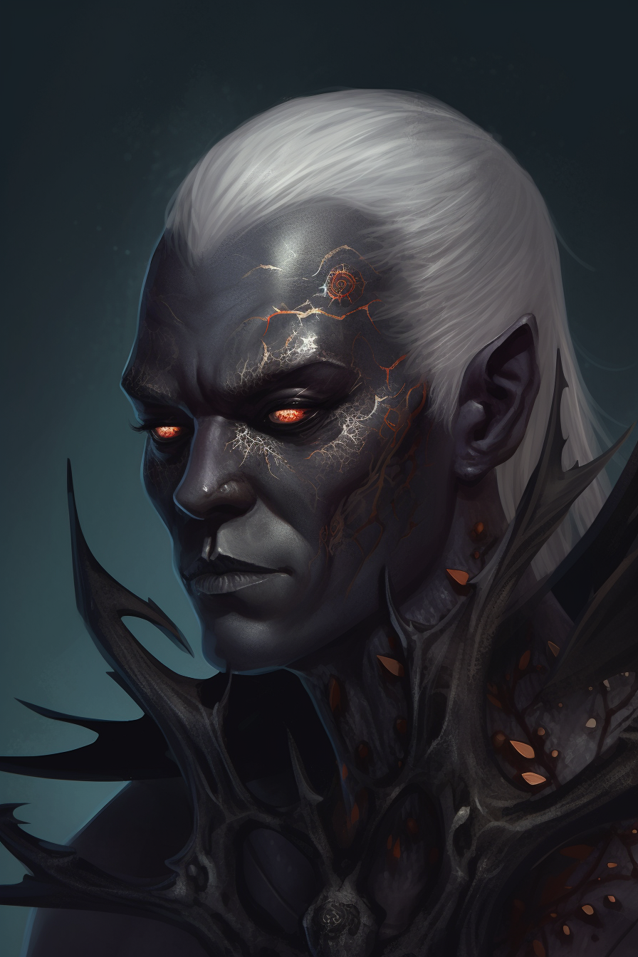 Detailed portrait of male Drow with spider eyes and mandibles