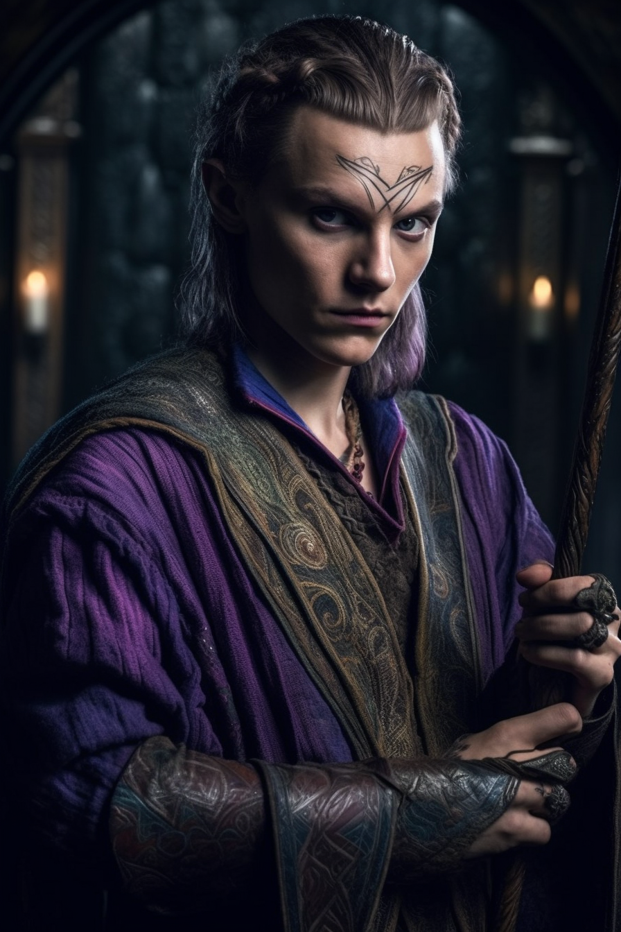 Male Elf in Purple Robes with Mage Sword