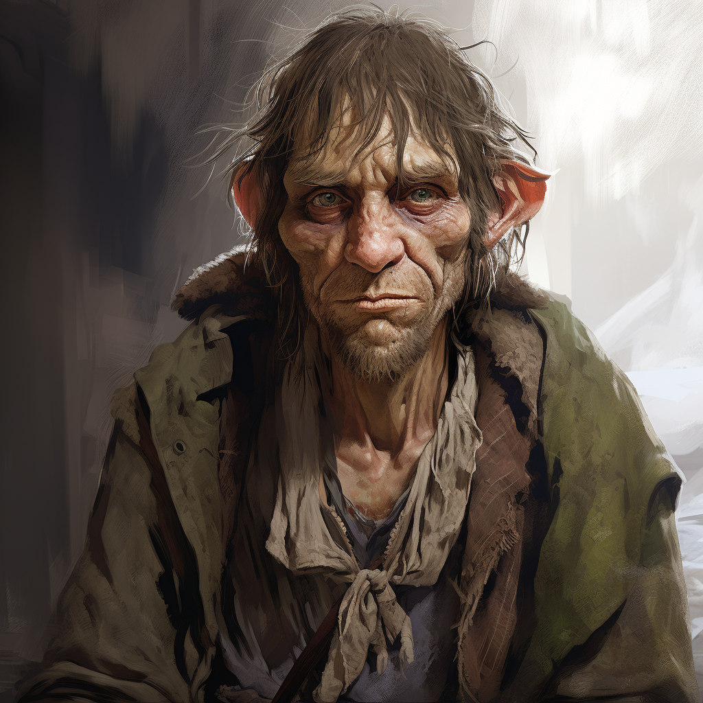 Scrappy-clothed male half-elf with goblins