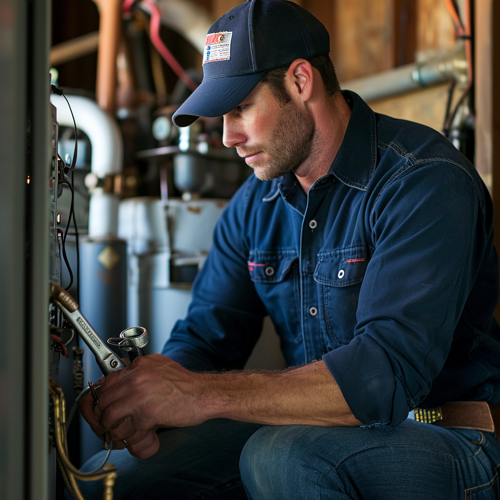 Man working with wrench on furnace