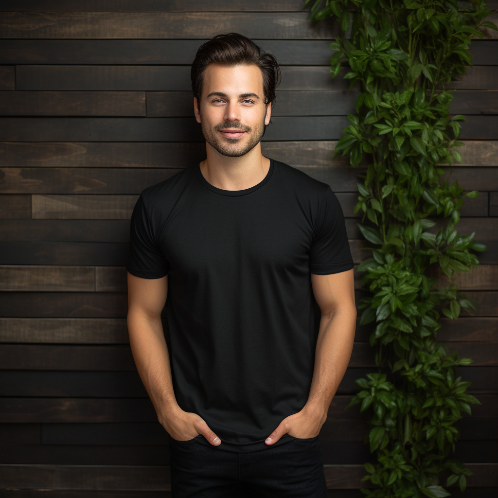 Handsome male model wearing black Etsy shirt mockup