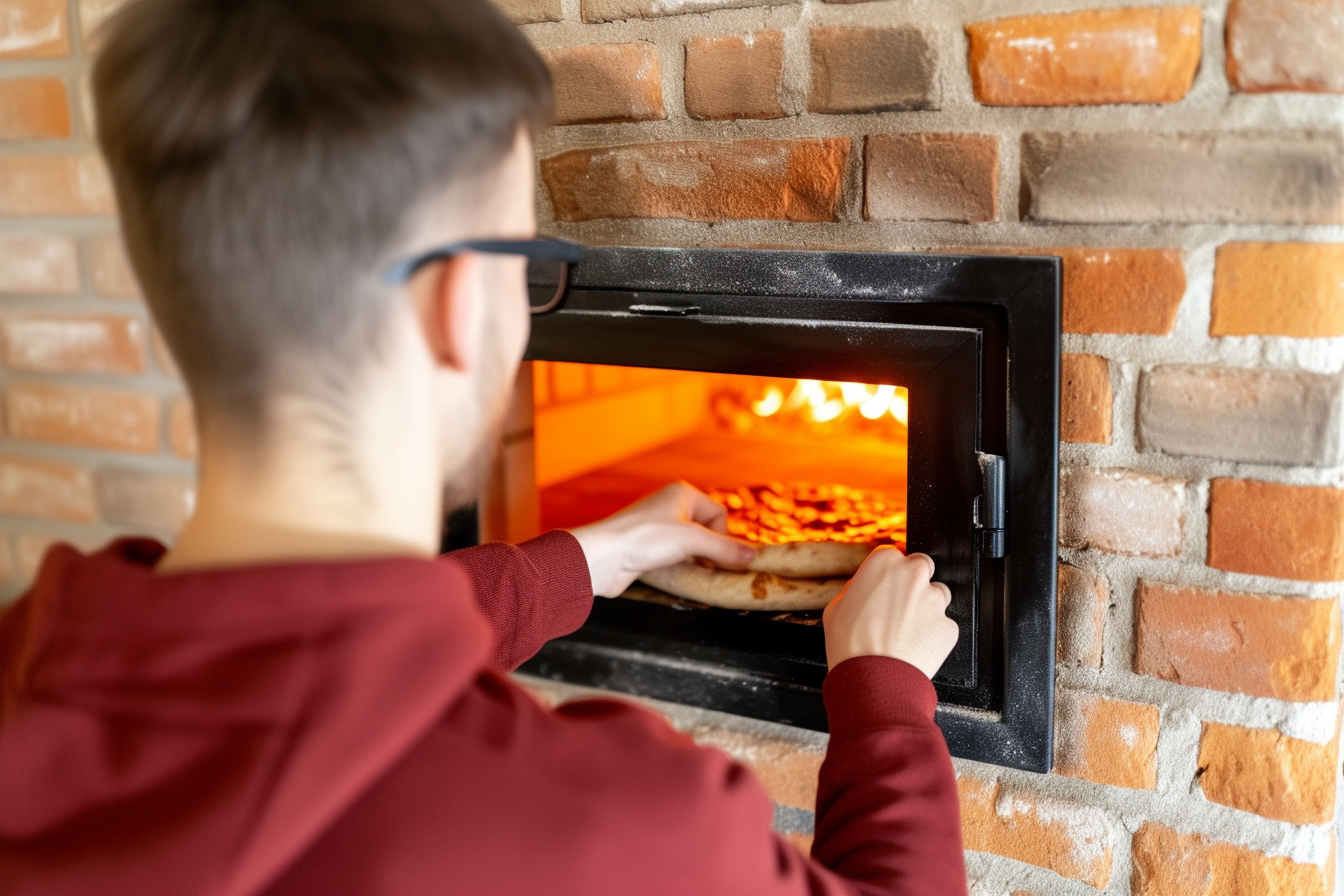 Male placing pizza in wood oven