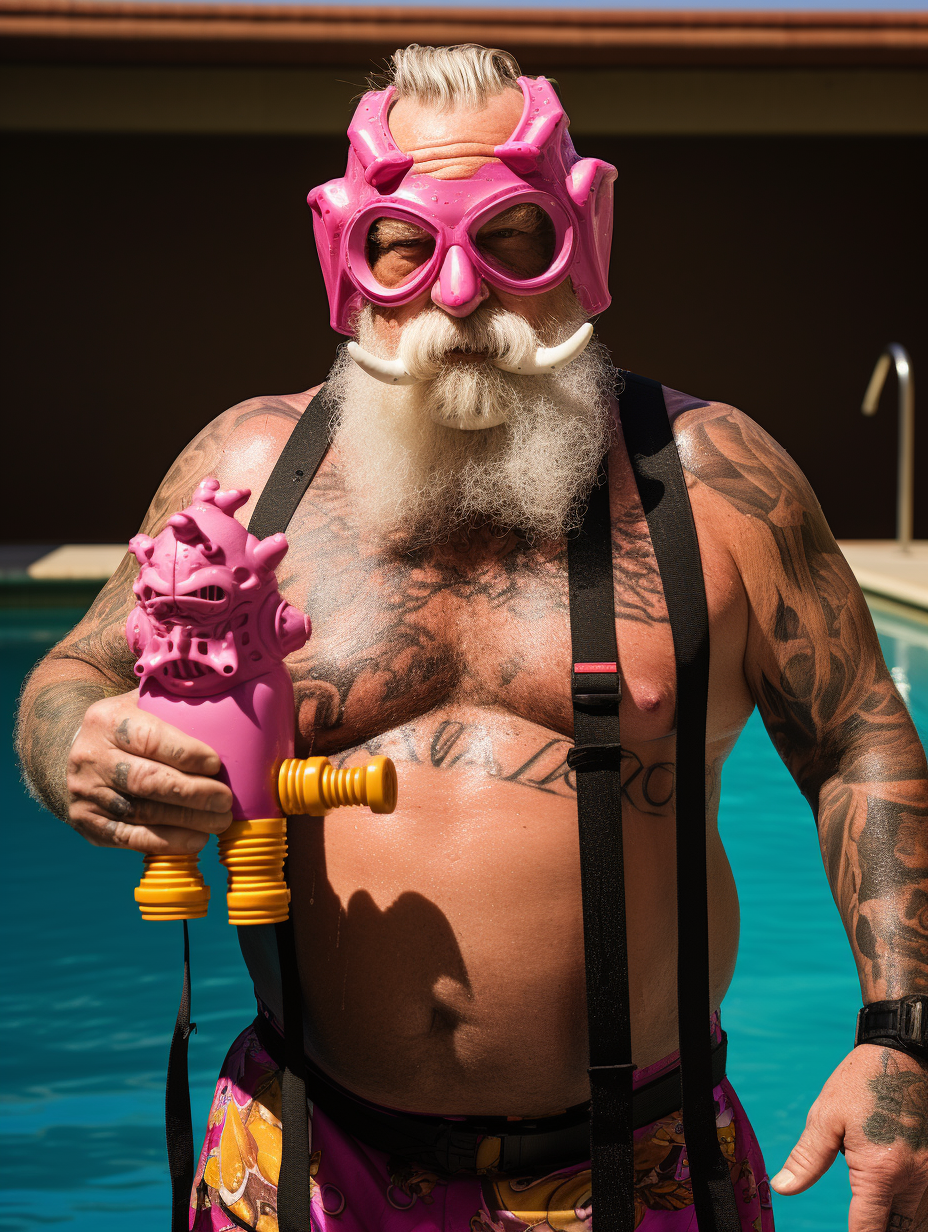 Muscular male bodybuilder with pink snorkel and mask