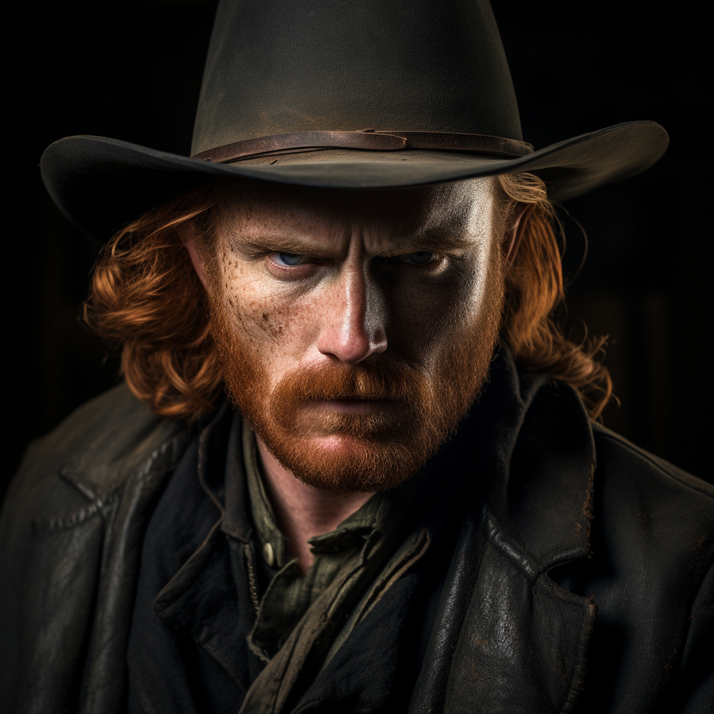 A sinister male redhead Irish outlaw cowboy