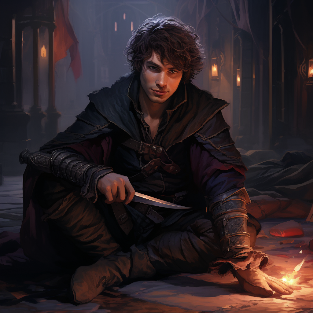 Handsome male rogue crouching with dagger