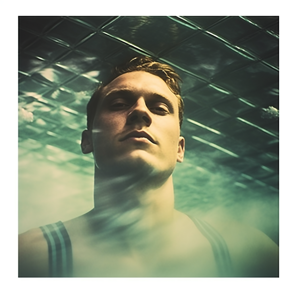 Photorealistic male swimmer in polaroid-style