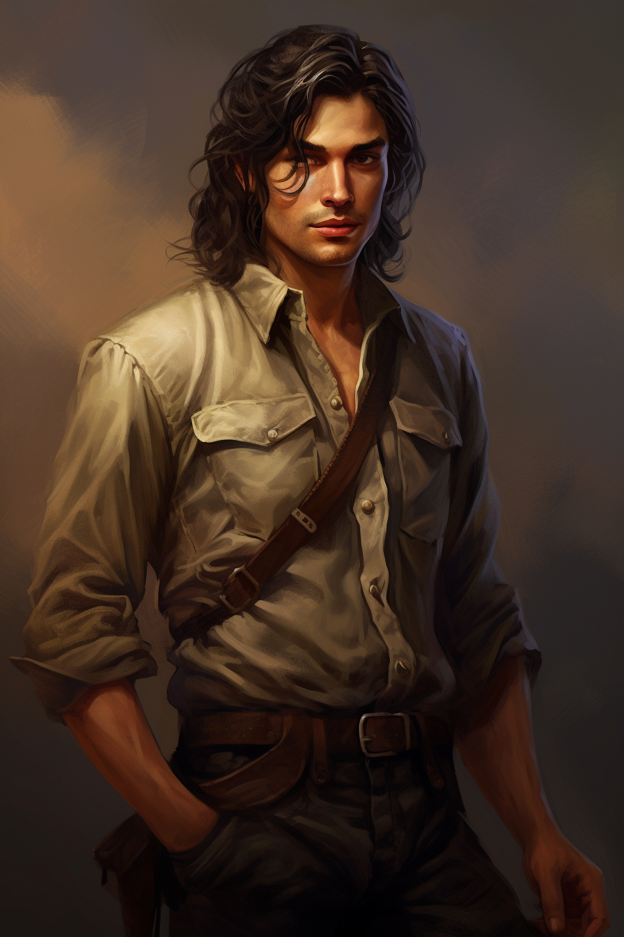 Male traveling ranger with dark hair and a happy expression