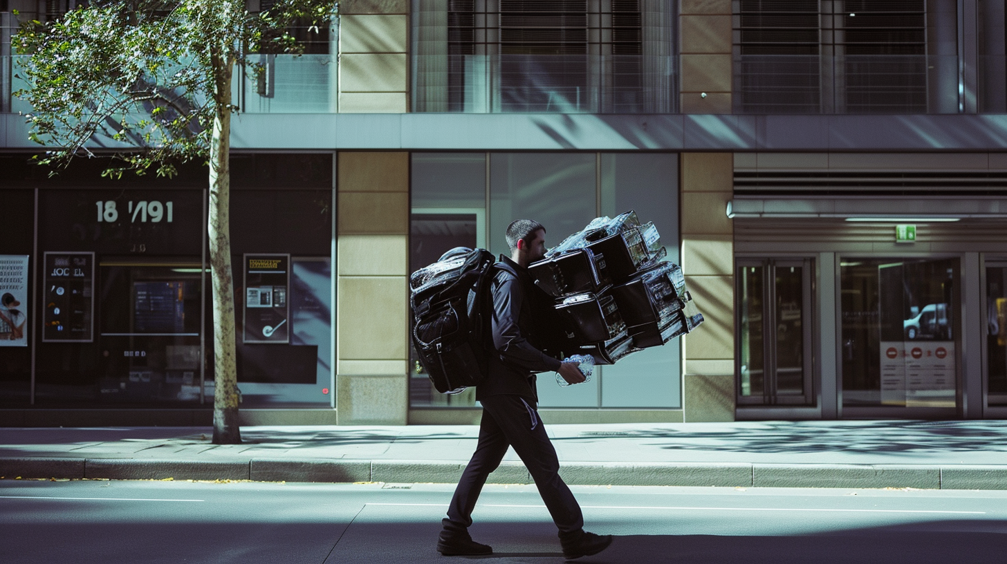 Professional male carrying large pile of logos