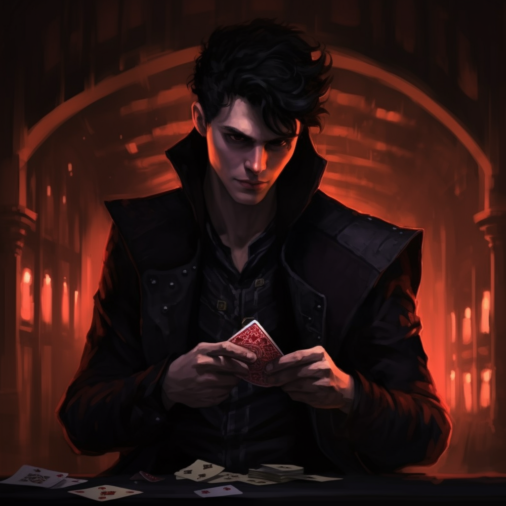 Black-haired male warlock holding deck of magical cards