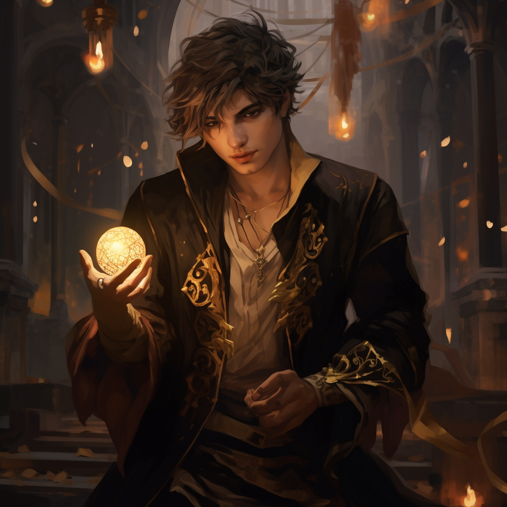 Male Warlock holding a magical golden deck