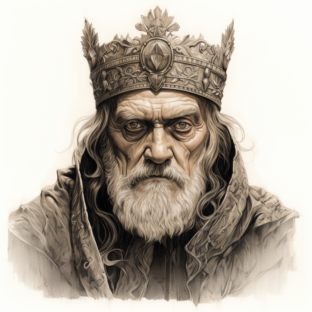 Malicious old man in noble clothes and small crown