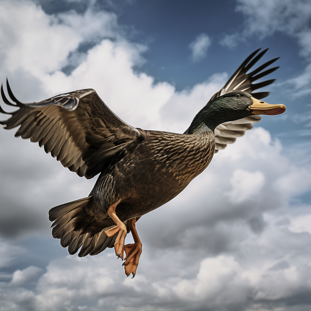 Majestic mallard duck flying against the sky