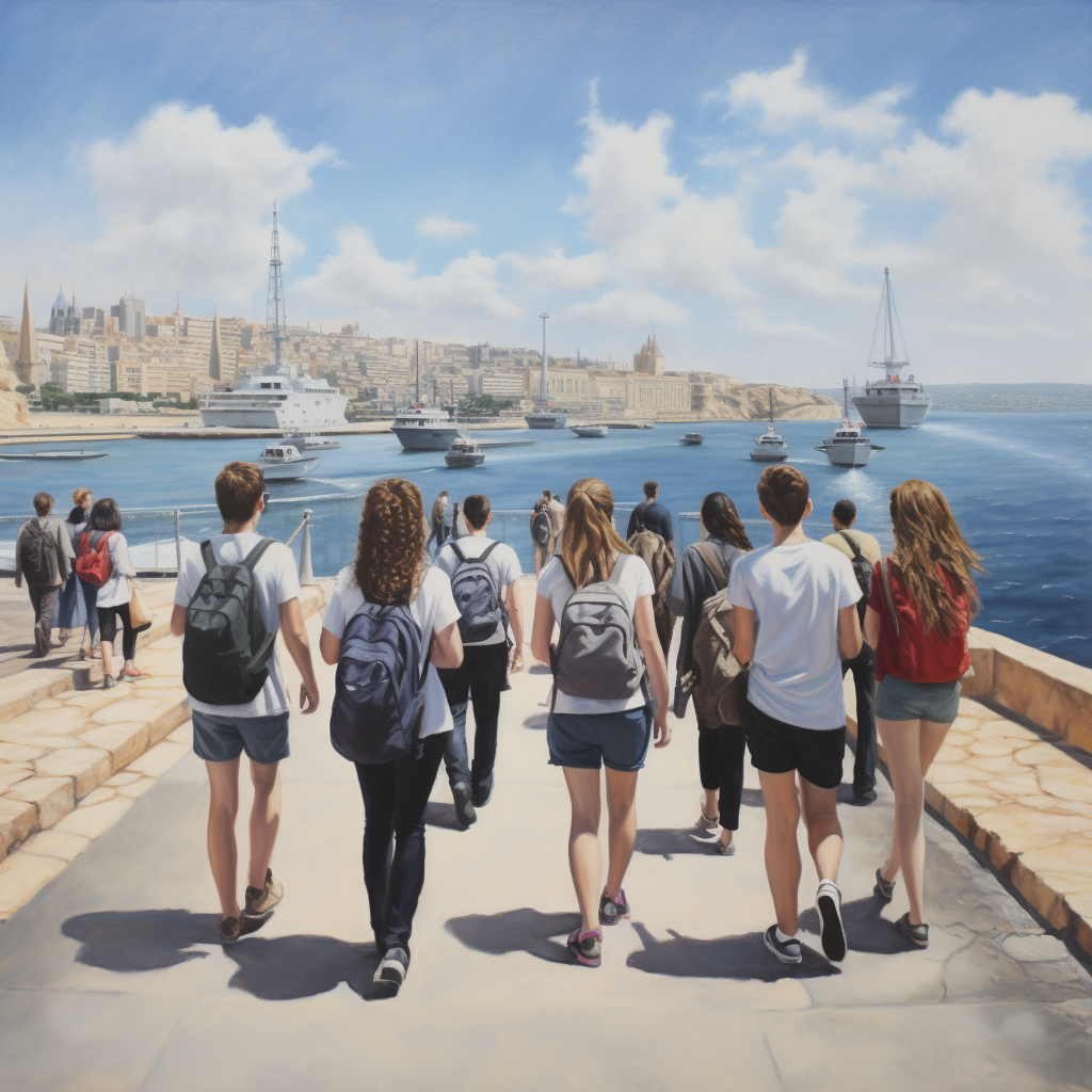 Group of students on Sliema promenade with ships