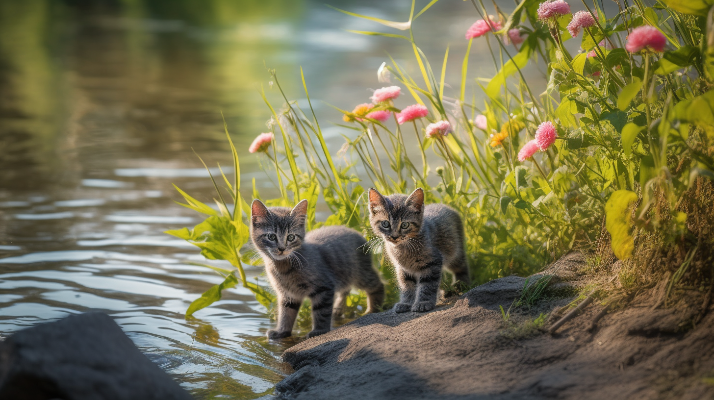 Mama Cat and Kittens Fishing by Riverside