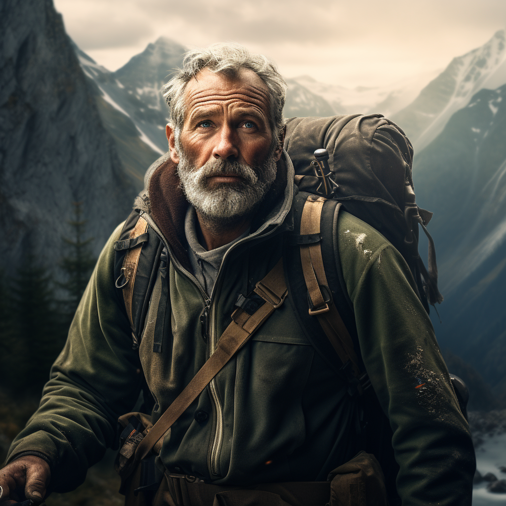 Man hiking in mountains, 50 years old