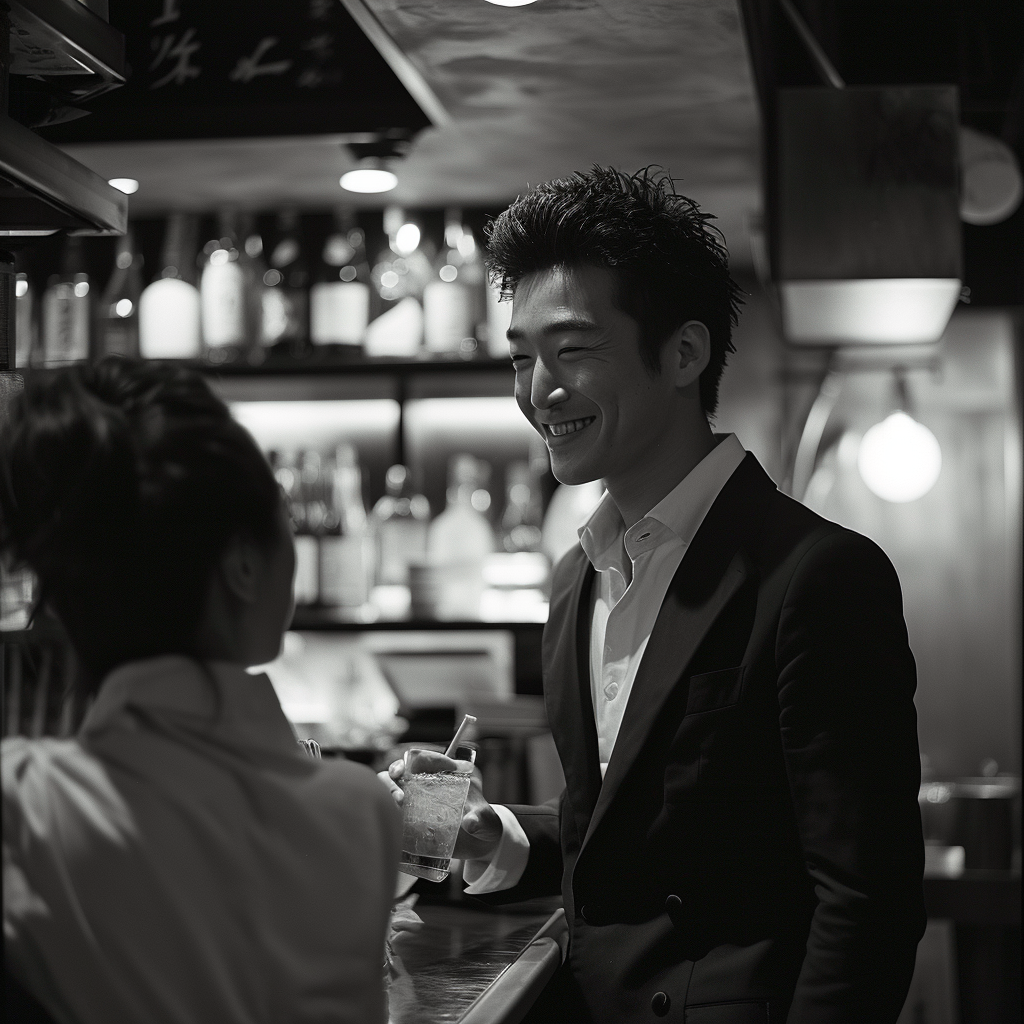 Man accepting drink from female bartender