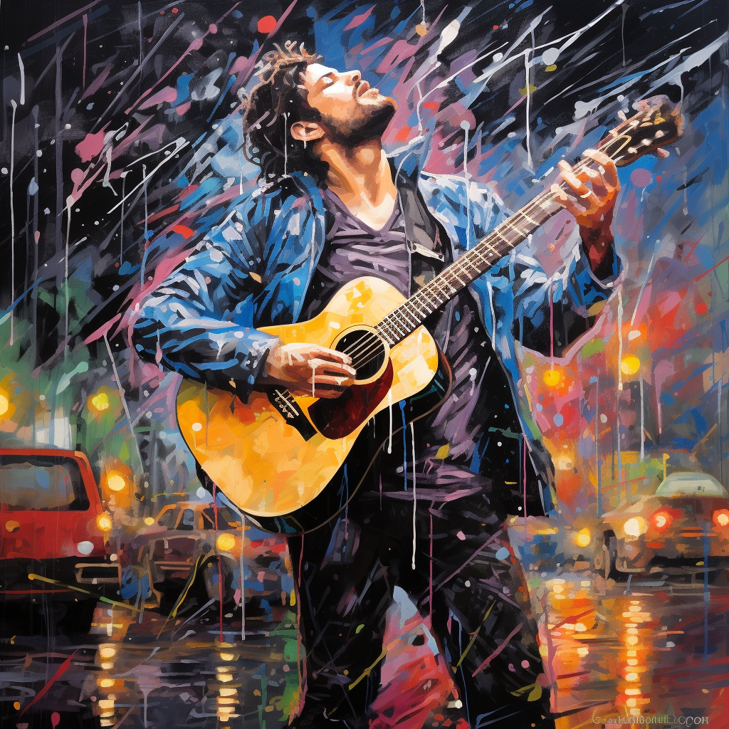 Man Singing in Multicoloured Rainstorm