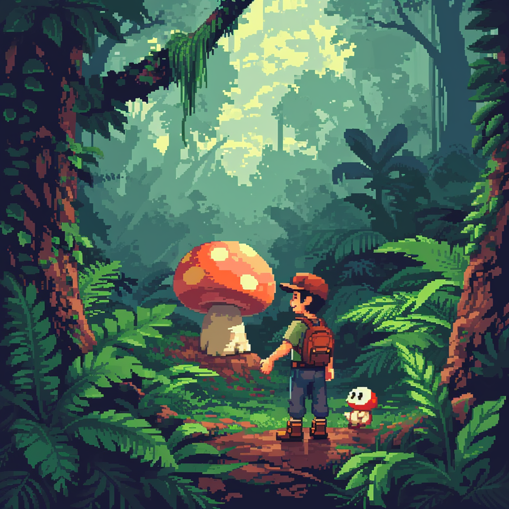 Man holding hands with angry mushroom in jungle