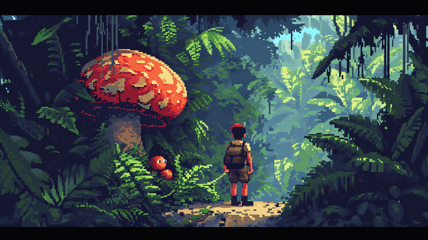 man holding hands with angry mushroom in jungle