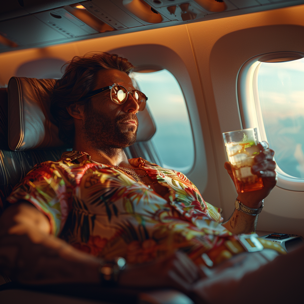 Man in Hawaiian Shirt on Airplane