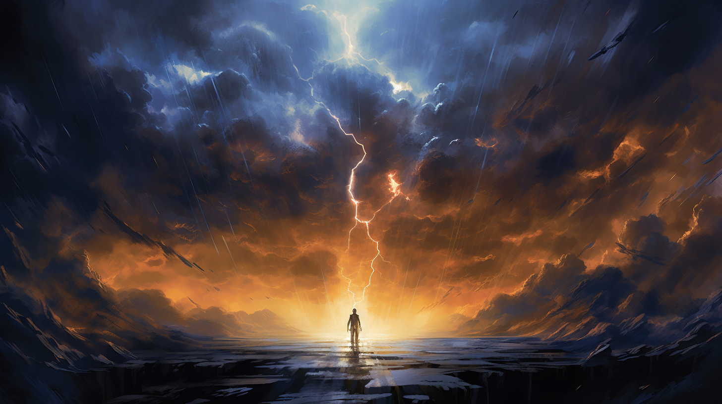 Serene yet powerful man amidst storm cloud